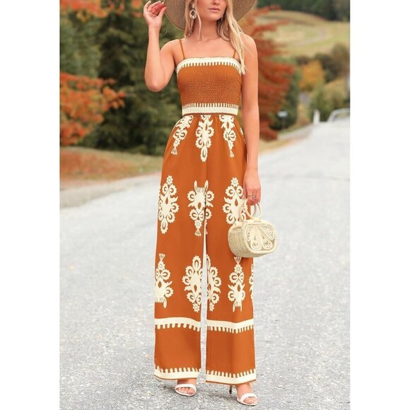 Women Red and white Summer Boho Jumpsuits and Wide Leg Pants Rompers - Picture 6 of 8